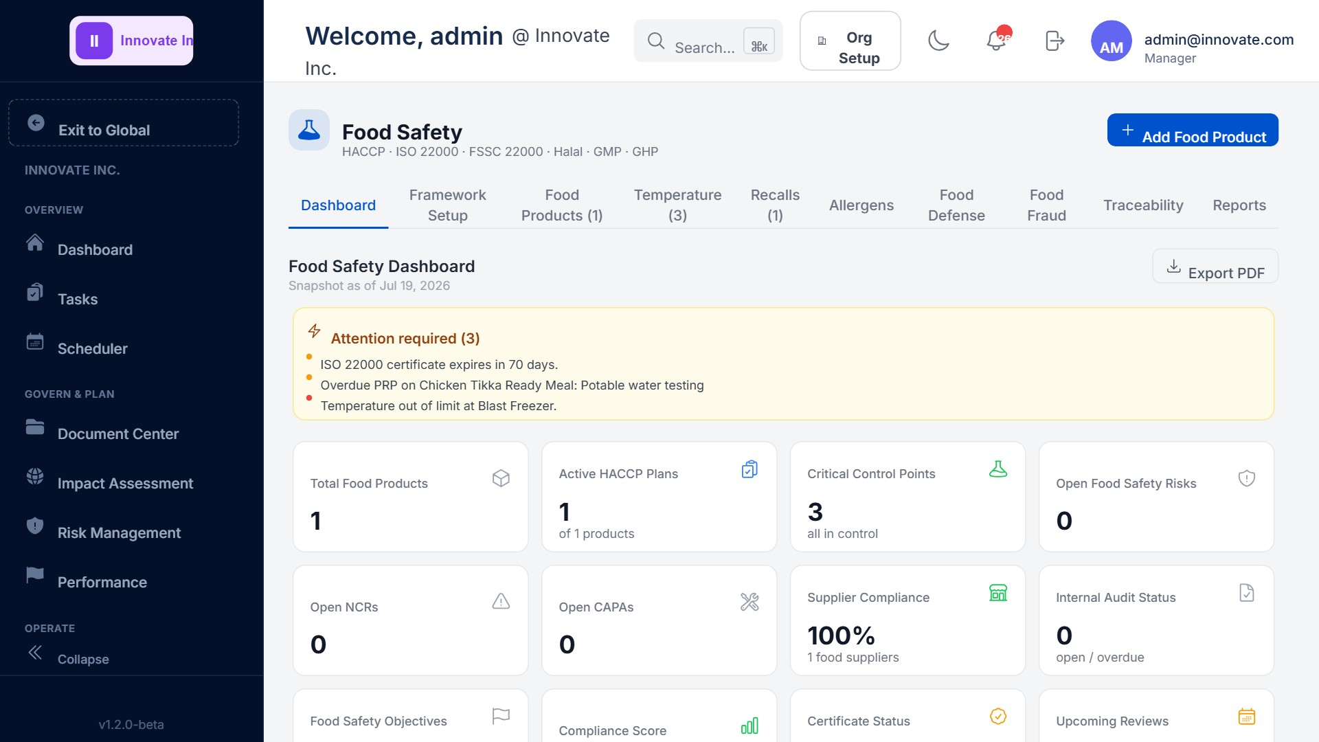 Food Safety Management System dashboard with HACCP plans, CCP monitoring and food registers in ISOXPERT Compliance360